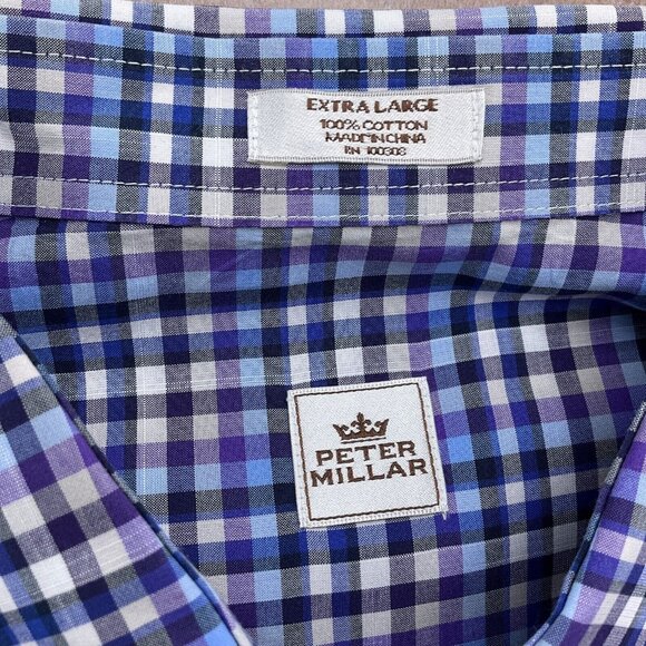 Peter Millar Shirt Men XLarge Blue Purple‎ Check Gingham Cotton Classic Casual - Picture 3 of 9